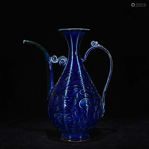 Sprinkle the blue glaze carving longfeng grain sides ewer 25...