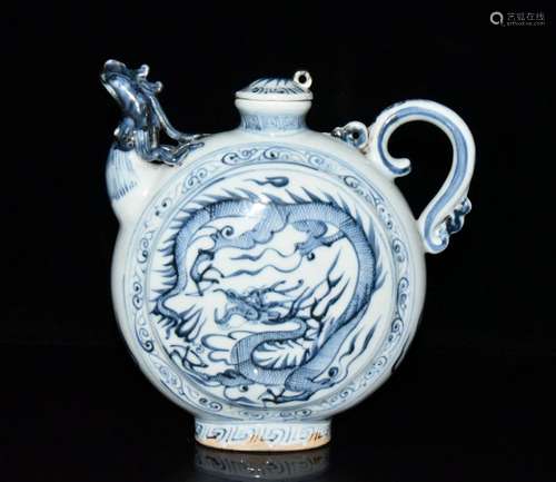 Generation of blue and white dragon crested flat pot x20x7. ...