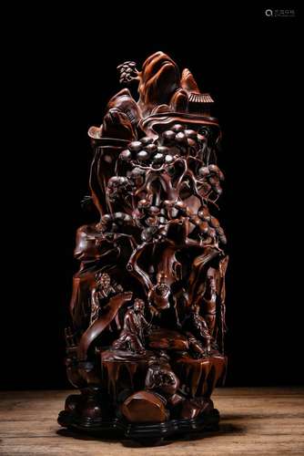 Boxwood carved by hand five old characters, 18 wide 14 high ...