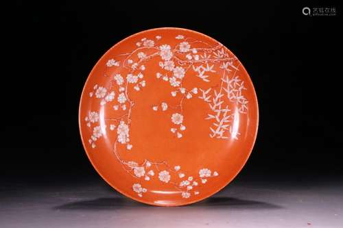 , coral red glaze white shochiku MeiWen plate.Ceramic struct...