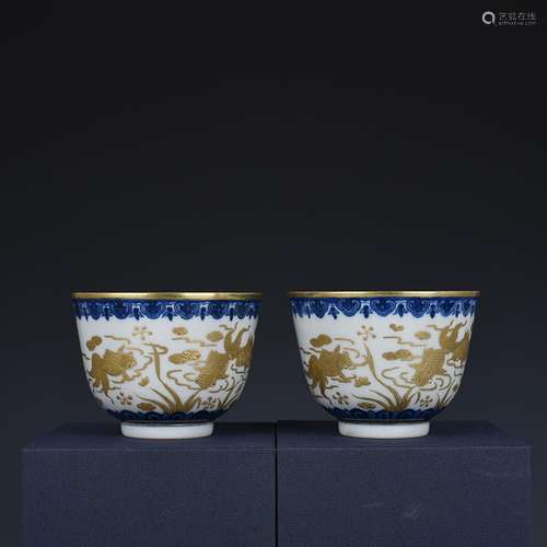 Blue and white heap gold the gold cup 7 * 4.5 cm