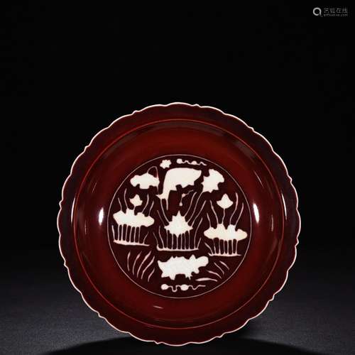 Ruby red glaze white carved fish algae wen ling mouth fold a...