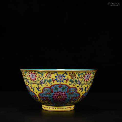 To pastel yellow medallion ruyi flowers green-splashed bowls...