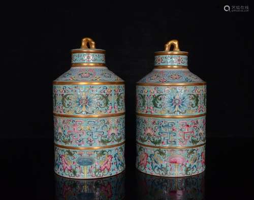 Colored enamel gold flower therefore dragon caddy pair;19 x1...