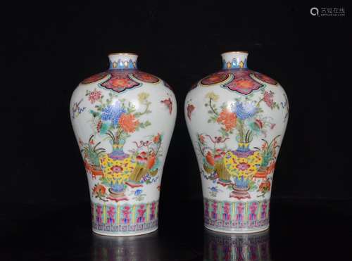 Mei bottles of a pair of colored enamel painting of flowers ...