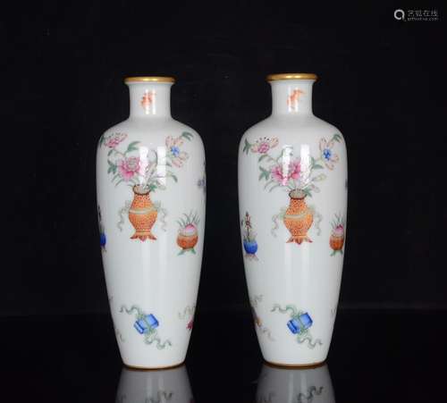 Colored enamel paint flowers mei bottles of a pair of antiqu...