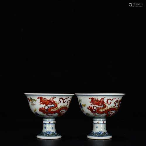 Blue and white color longfeng grain footed cup7.3 cm high 8....