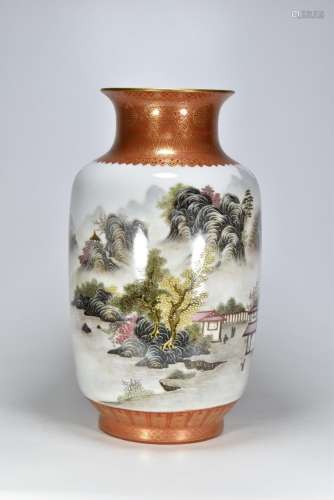 Alum red glaze colour landscape pattern wax gourd bottle41 c...