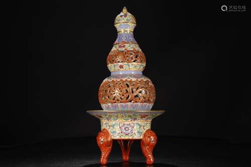 Colored enamel bottle gourd carving hollow out three quarter...
