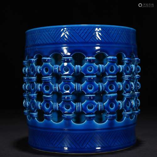 Peacock blue glazed hollow out brush pot 19 * 18.5 cm
