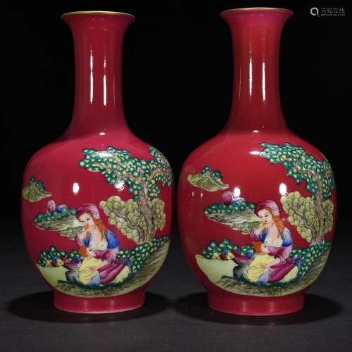 Carmine colored enamel western figure bottles of 24 * 13 cm