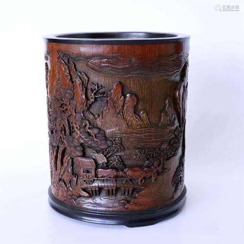 Old bamboo brush pot: we figureCollection carver of primitiv...