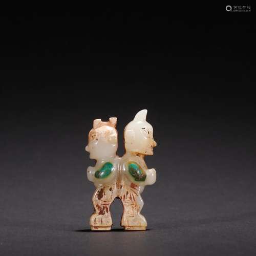 Ancient jade inlay green pine servants carvings.Specificatio...