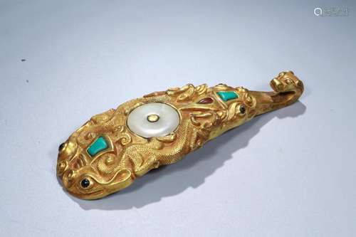 : gold inlaid jade dragon hookSize: 2.5 cm wide and 6.8 x 19...