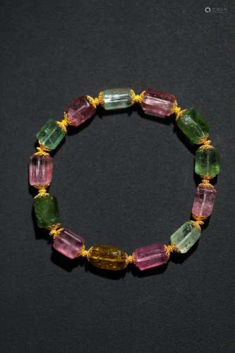 Rainbow old tourmaline ore material original Shi Leng bead d...