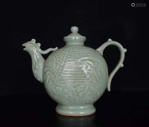 Longquan celadon plum green glaze carving crested pot;21 x25...