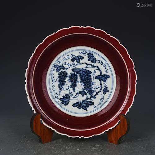 Blue and white grape tray antique 190629 ji red glaze medall...