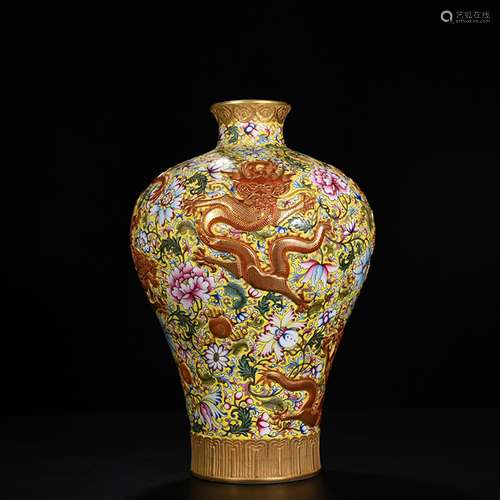 Yellow colored enamel paint to wulong carving grain mei bott...