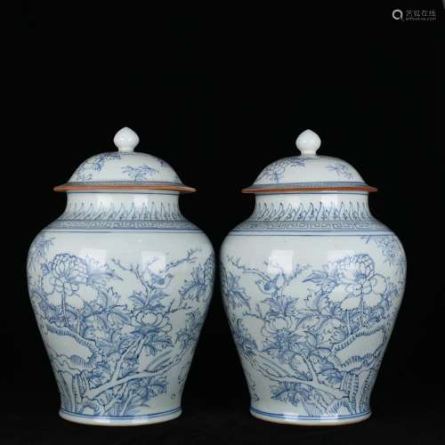 Light blue and white flowers and birds draw the general pot ...