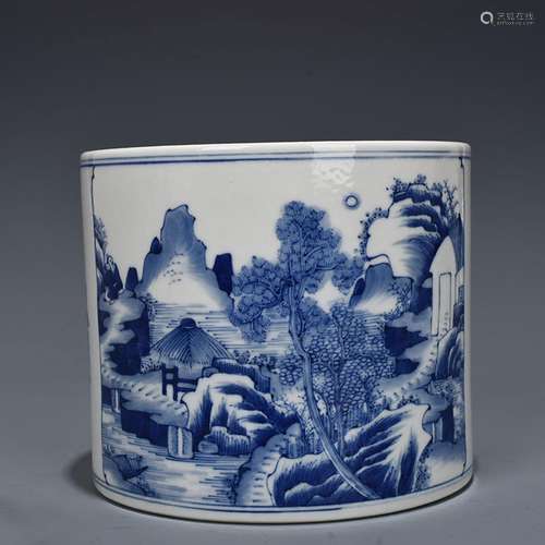 Blue and white paper bucket type mountain landscape brush po...