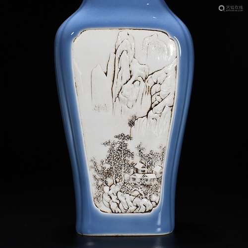 Sky blue glaze medallion Wang Bingrong sculpture landscape c...