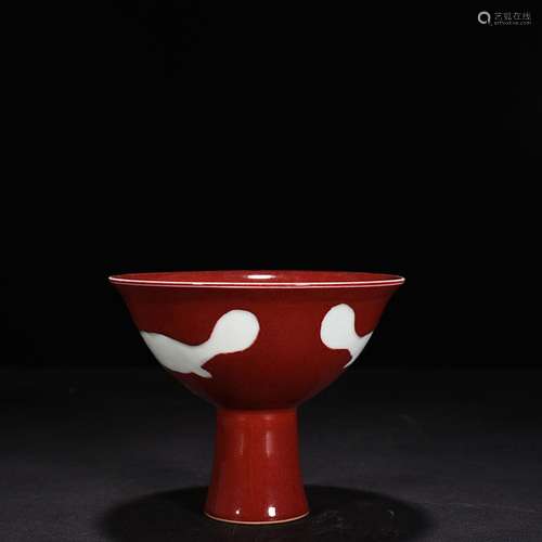 The red glaze carved fish grain footed bowl 12 x 15 cm