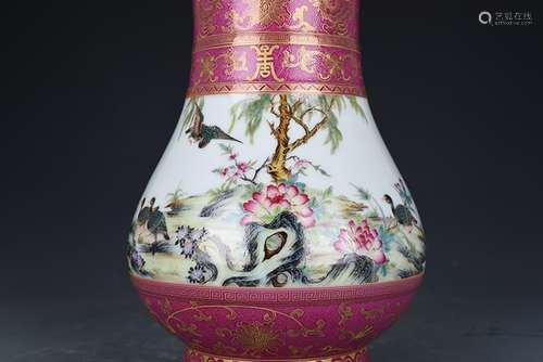 Carmine colored enamel LuYan rolling road, flowers and birds...