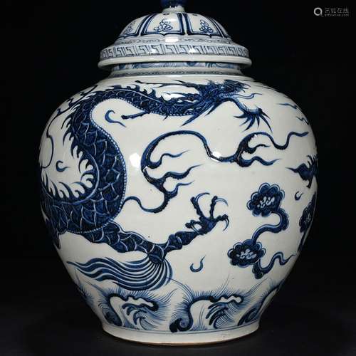 Blue and white dragon cover pot 40 * 30 cm