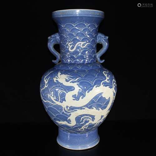 Ji blue glaze white dragon carving double ears 47 * 27 m