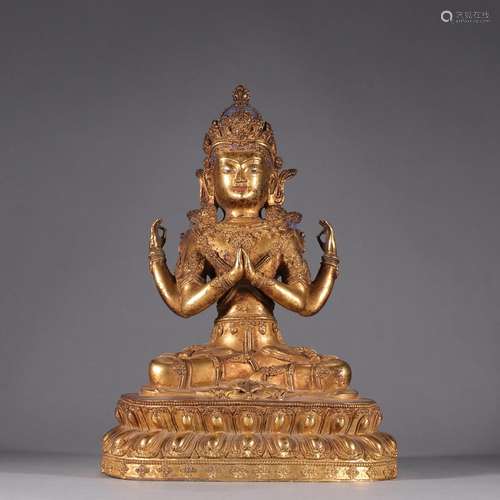 Copper and gold four arm guanyin statuesSpecification: the b...