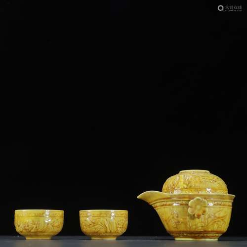 Yellow glaze chrysanthemum patterns tea set aPot of specific...