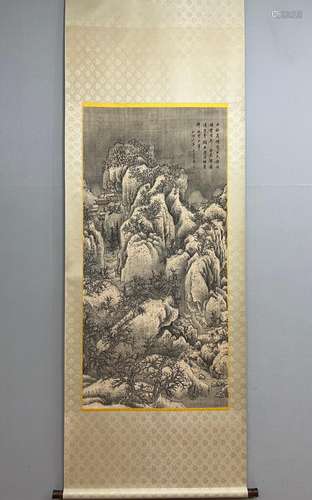 Shen Chou silk scroll painting with vertical shaftDraw core ...