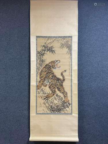 Wang meng, silk scroll tiger, 106 x 48 cm