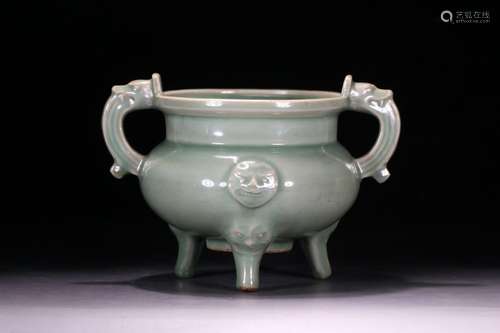 , celadon beast ear furnace with three legs, glaze thick wat...