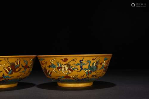 Chenghua jindi five cloud crane green-splashed bowls royal W...