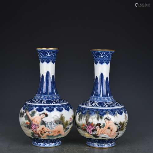 Blue and white enamel character design 2 antique vase is an ...