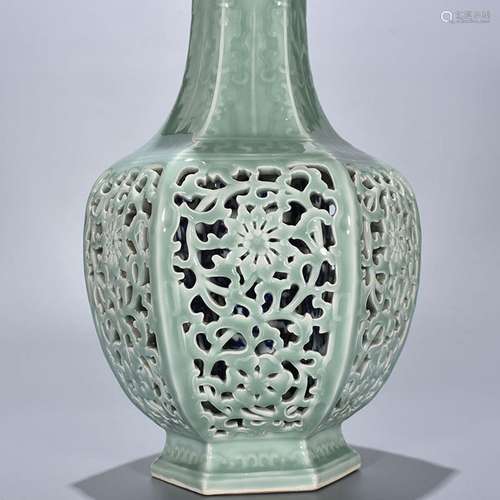 Powder green glazed hollow out flower grain six-party set of...