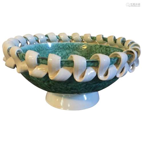 French Art Deco Pottery Bowl in Green Glaze with White Ribbo...