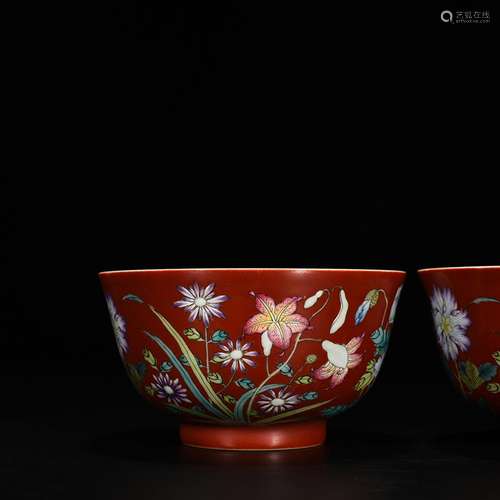 Alum red pastel flowers green-splashed bowls cm 7 * 13.5