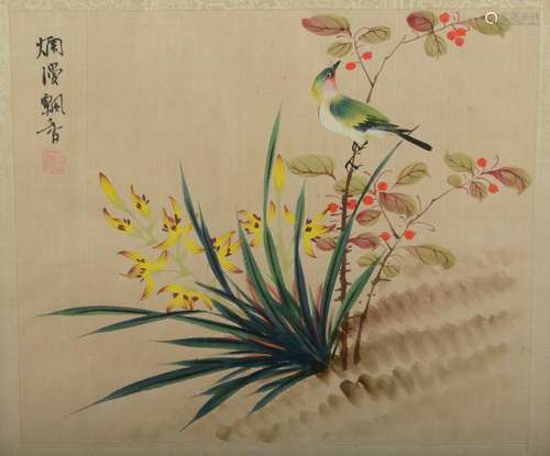 Chinese Silk Painting Song Bird With Yellow Flowers Hand Pai...