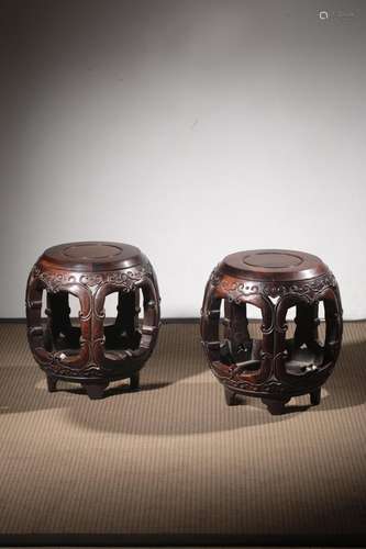 Branch carved satisfied grain drum stool a pair of bright re...