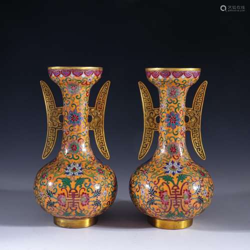 Cloisonne flower word halberd ear bottles of a pair of long ...