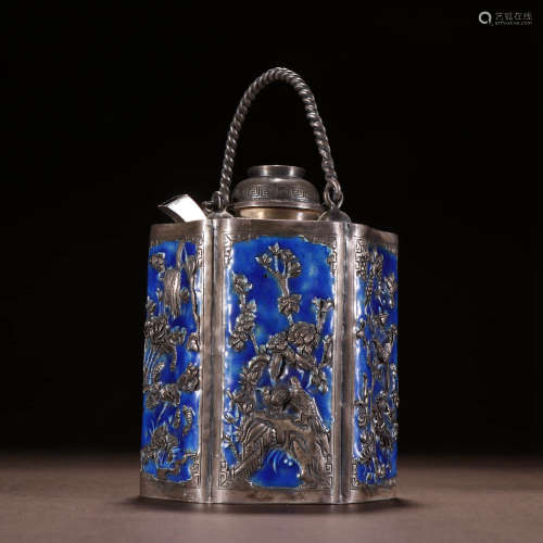 清代 純銀燒藍花鳥紋溫酒壺。