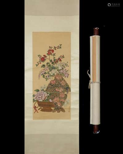 Figure silk scroll Zou Yigui flowers antiqueSize, 35 * 81