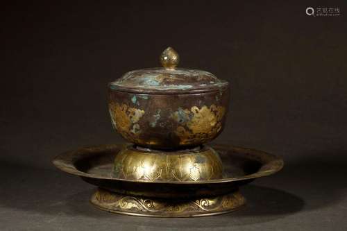 I0025, old Tibet silver and gold tea lightSize 14.5 x 17.5 c...