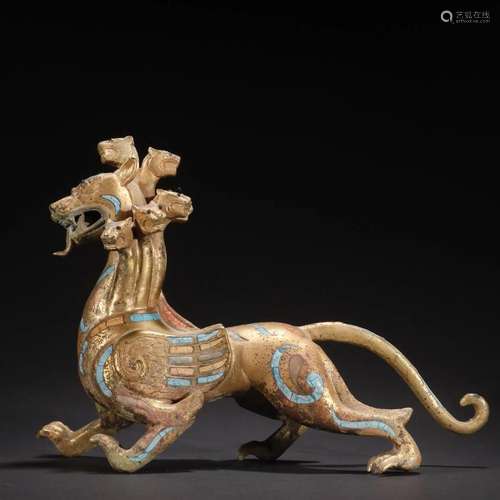 A Rare Gilt-bronze Inlaid Gems Beast Ornament