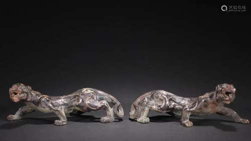 A Pair of Rare Bronze Inlaid Gold and Silver Beast Ornaments