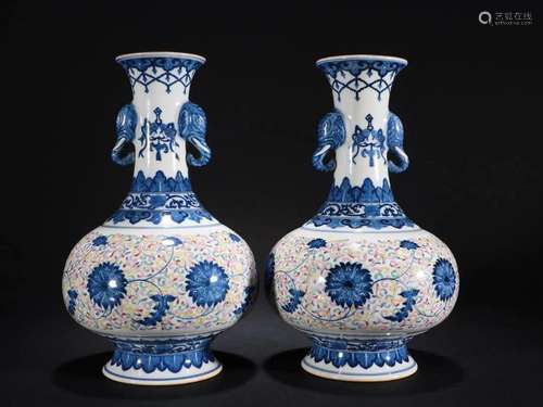 A Pair of Bule and White and Color Vases