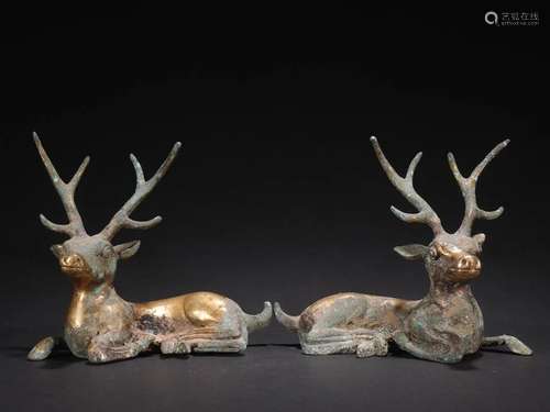 A Pair of Fine Gilt-bronze Deer Ornaments