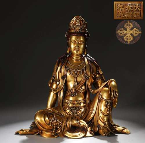 A Fine and Rare Gilt-bronze Figure of Guanyin